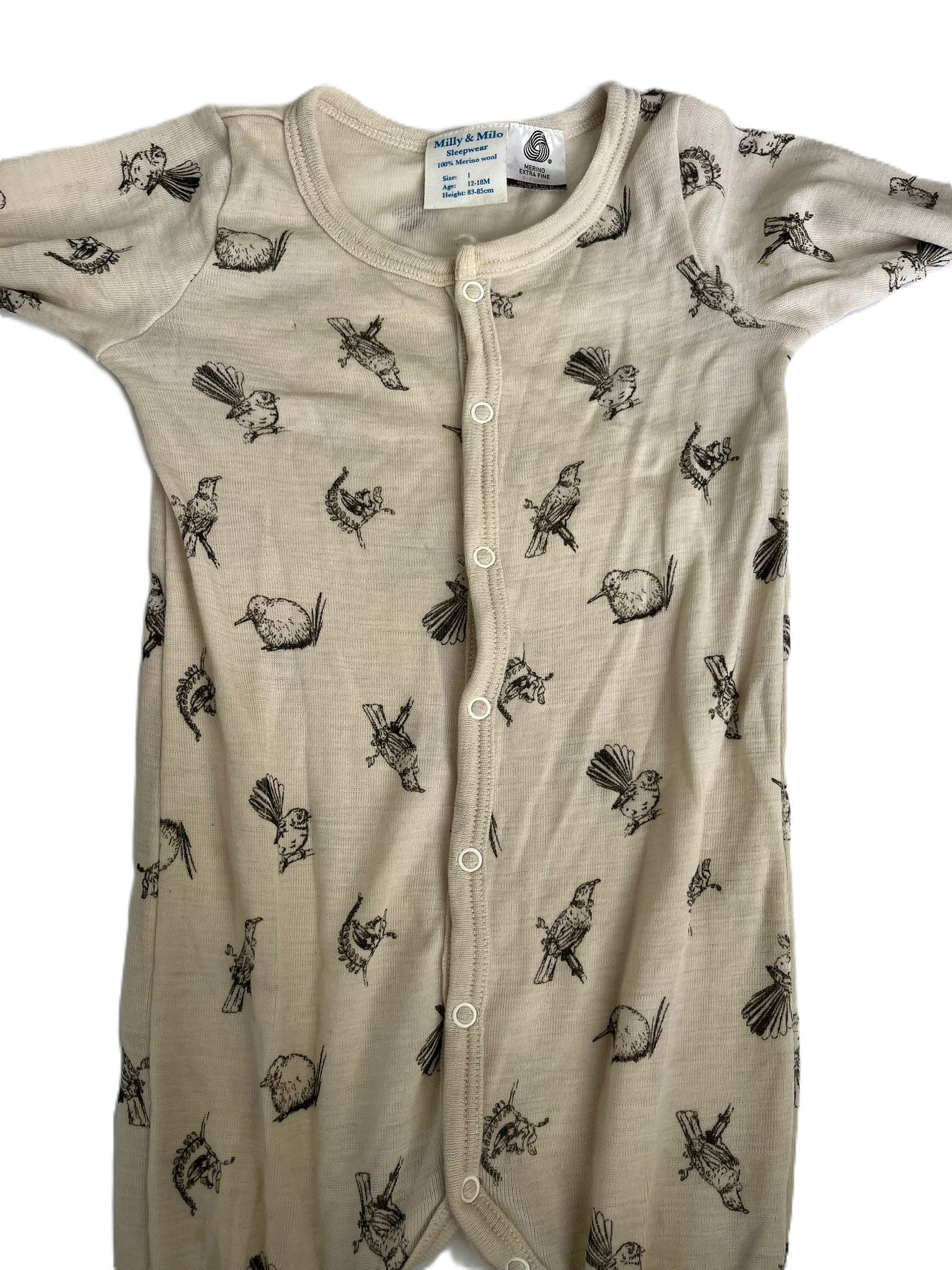 Milly&Milo Merino NZ Bird Sleepsuit (12-18mon)
